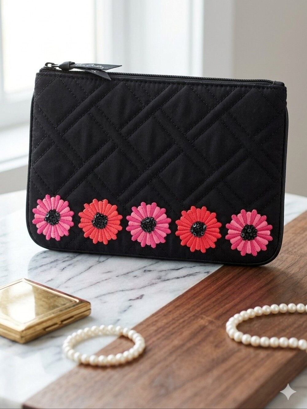 Vera Bradley Celebration Black Quilted Clutch with Floral Embroidery